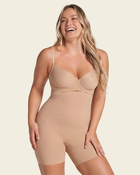 Strapless sculpting step-in body shaper with short bottom#color_801-golden-beige