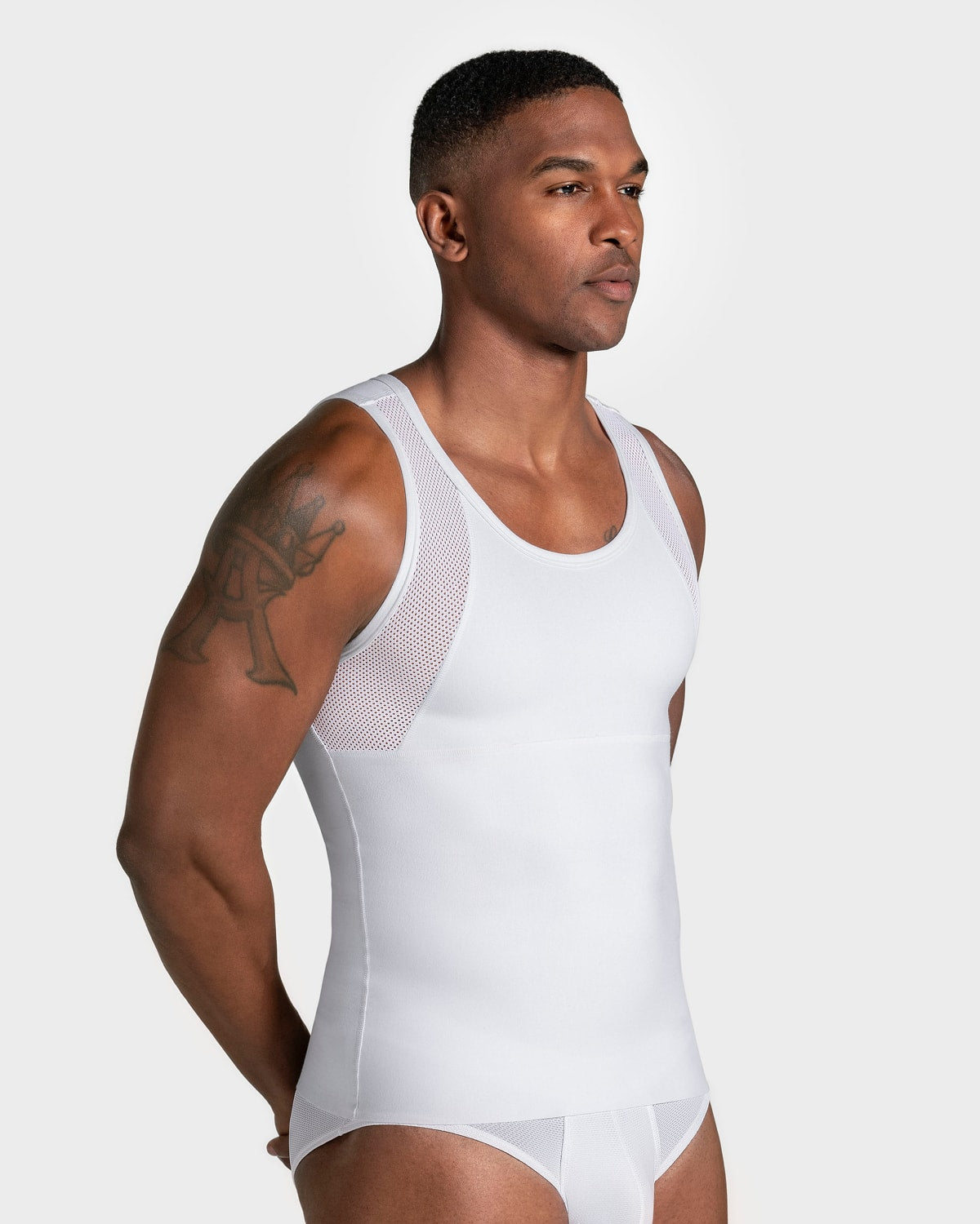 Stretch Cotton Moderate Compression Shaper Tank with Mesh Cutouts#color_000-white