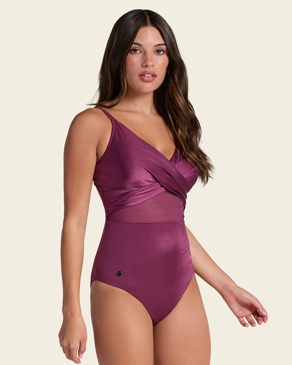 One Piece Swimsuit with Criss Cross Neckline and Tulle#color_466-midnight-plum