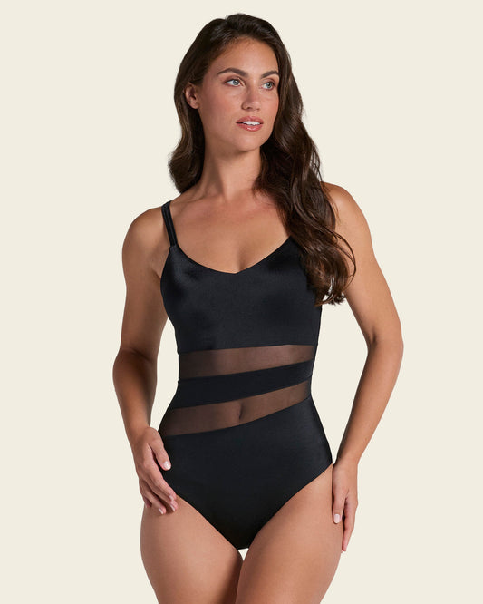 One-Piece Slimming Swimsuit with Mesh Stripes in Front#color_700-black