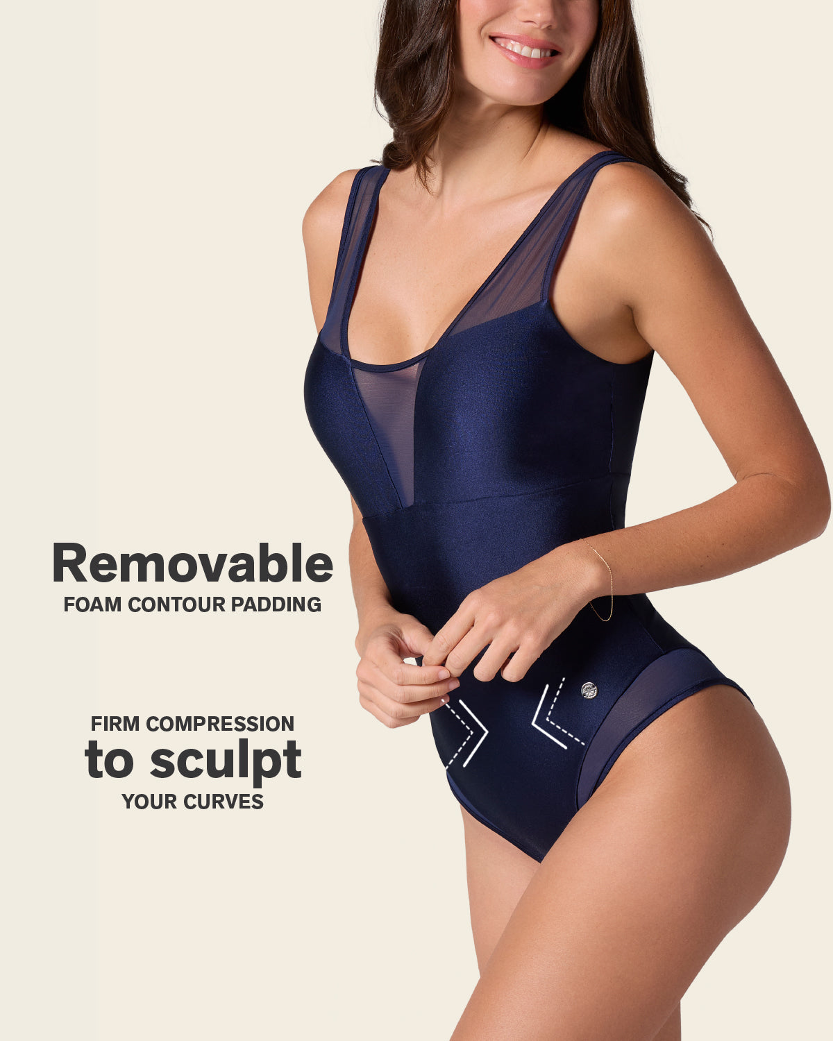 One-Piece Sheer Mesh Accent Sculpting Swimsuit#color_509-navy-blue