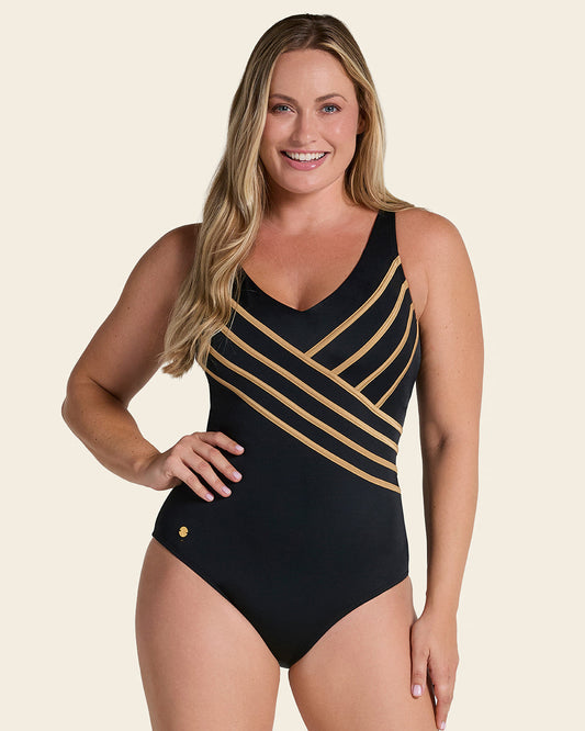 One-Piece Slimming Swimsuit with Elegant 3D Stripes#color_700-black